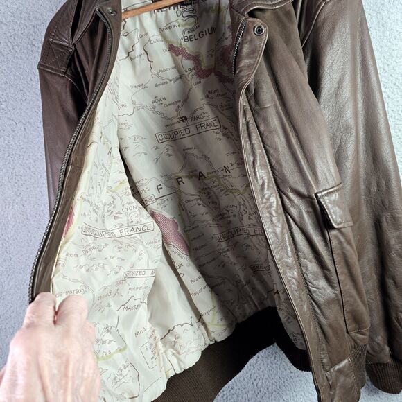 Reed Sportswear Men Leather Coat R46 XL Brown Bomber Map Lining Deep Pockets Y2K - Picture 15 of 16